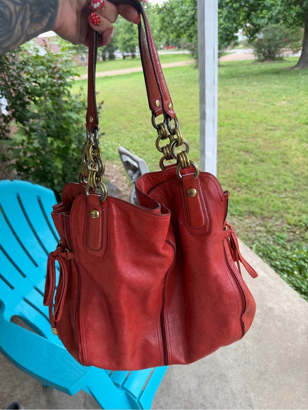 Red Leather Shoulder Tote with Chain-Link Detail